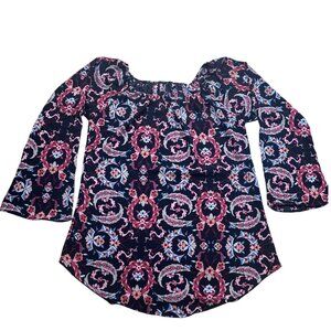 Black Off Shoulder Peasant Blouse Boho Paisley Print Bohemian Top Size L